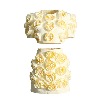 Niche Spliced Rose Flower Set Women's Clothing 2025 New Bubble Sleeve Top High Waist Half Skirt